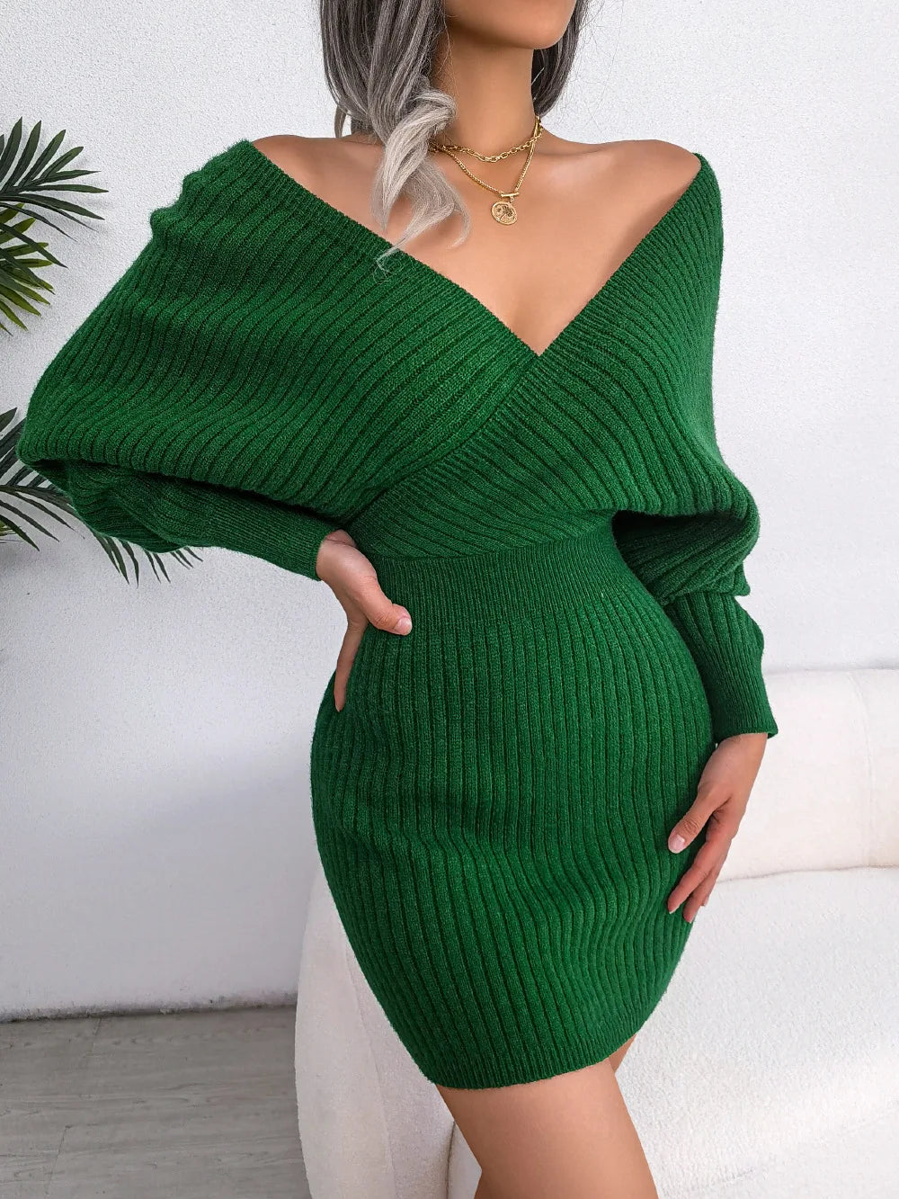 Cross V-Neck Bat Sleeve Dress