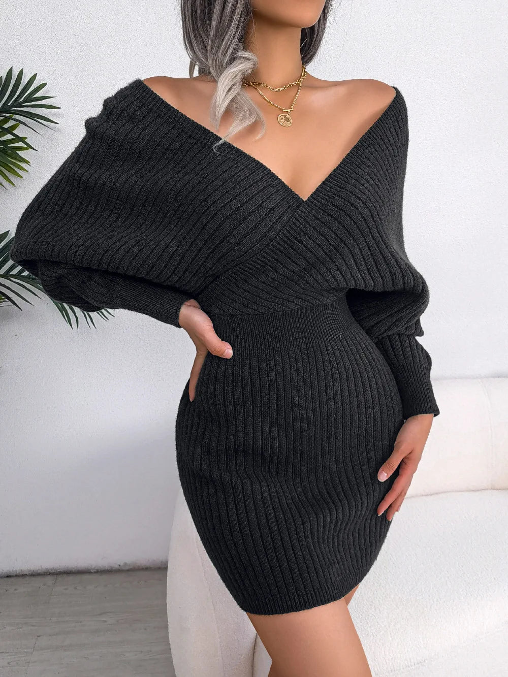 Cross V-Neck Bat Sleeve Dress