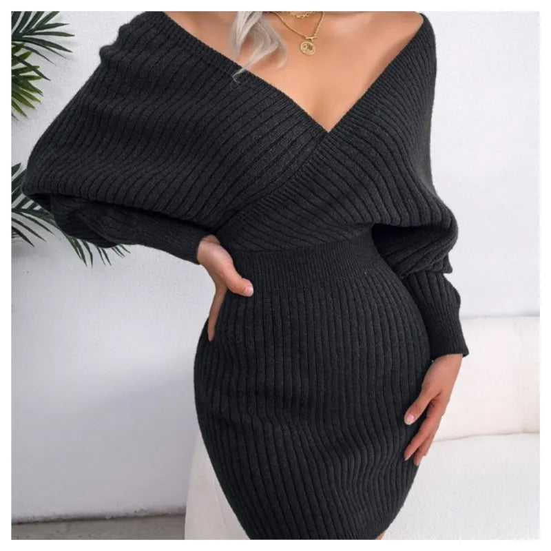 Cross V-Neck Bat Sleeve Dress