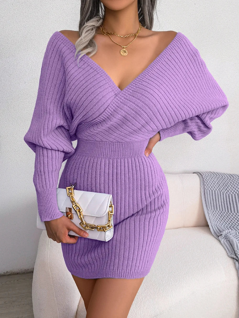 Cross V-Neck Bat Sleeve Dress